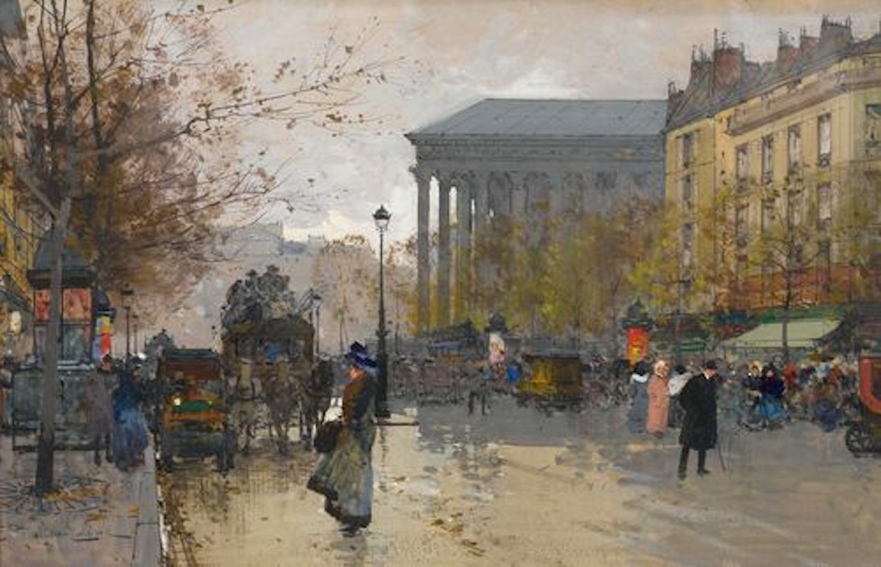 Autumn day in Paris near the Madeleine by Eugene Galien-Laloue