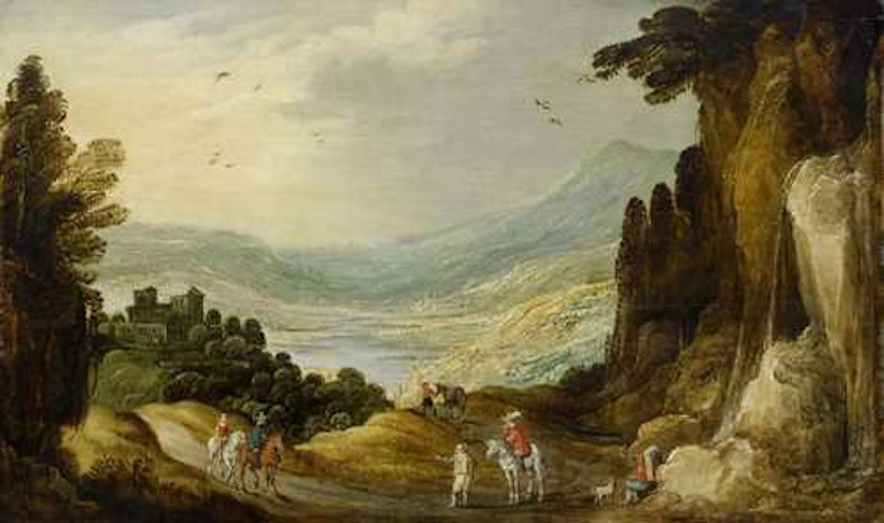 Rider before a broad landscape with waterfall by Joos de Momper the Younger