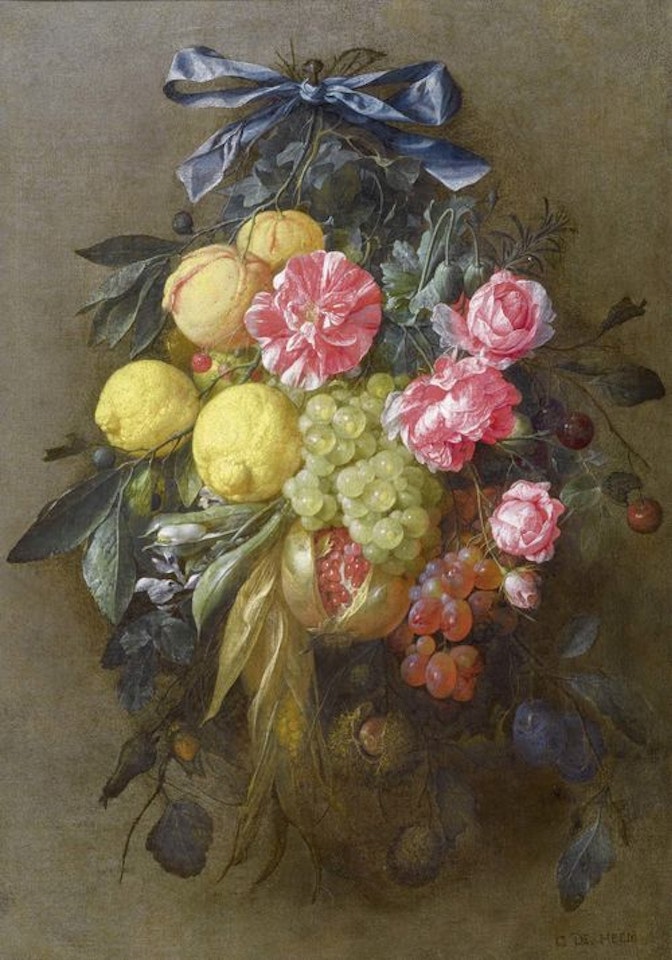 Arrangement of hanging flowers with fruits on a blue ribbon by Cornelis de Heem