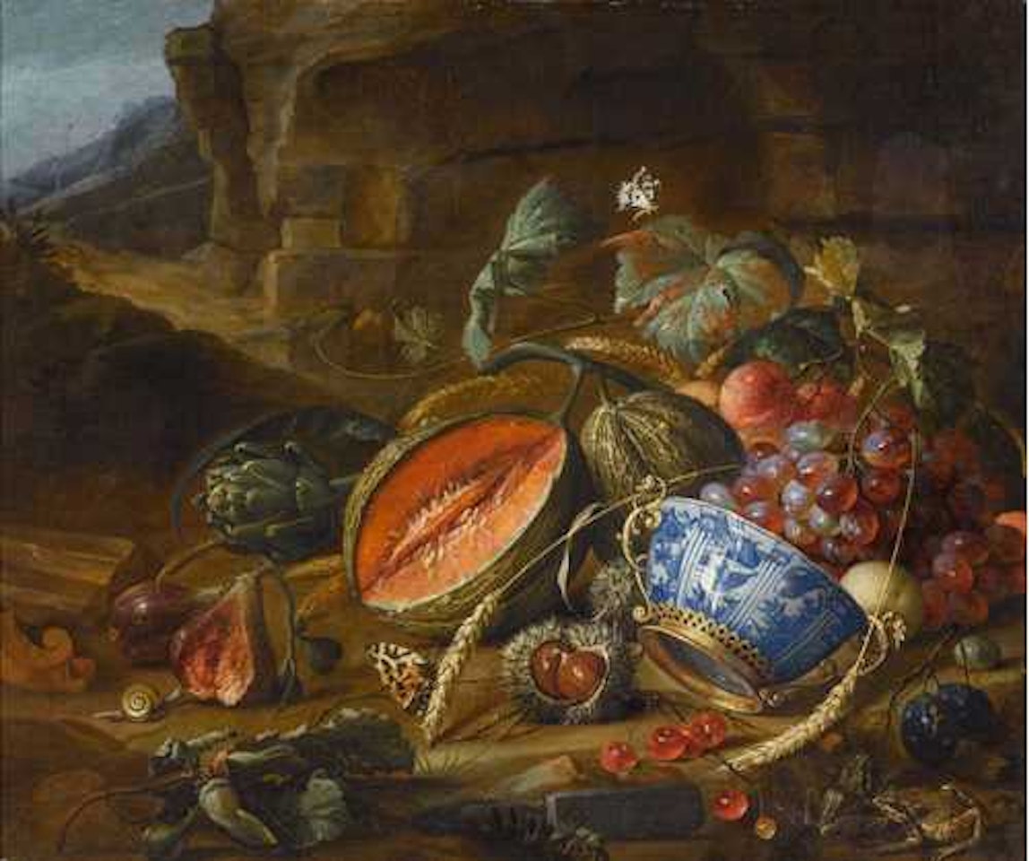 Fruit still life with peaches, grapes and cherries in a bowl with insects and butterflies before a grotto by Cornelis de Heem