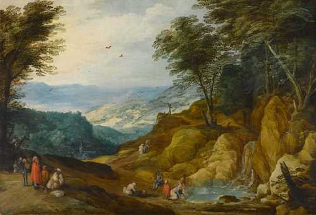 Broad landscape with washerwoman and figures resting near a waterfall by Joos de Momper the Younger