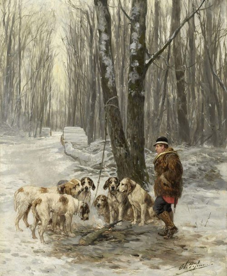 Winter landscape with a hunter resting together with his dogs by Olivier de Penne