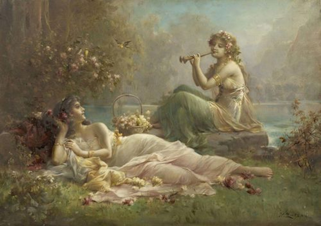 Two Nymphs by the water by Hans Zatzka
