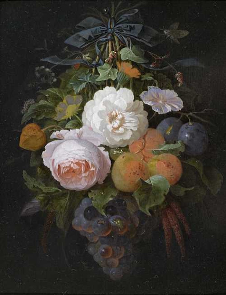Composition with suspended flowers, grapes and plums by Abraham Mignon