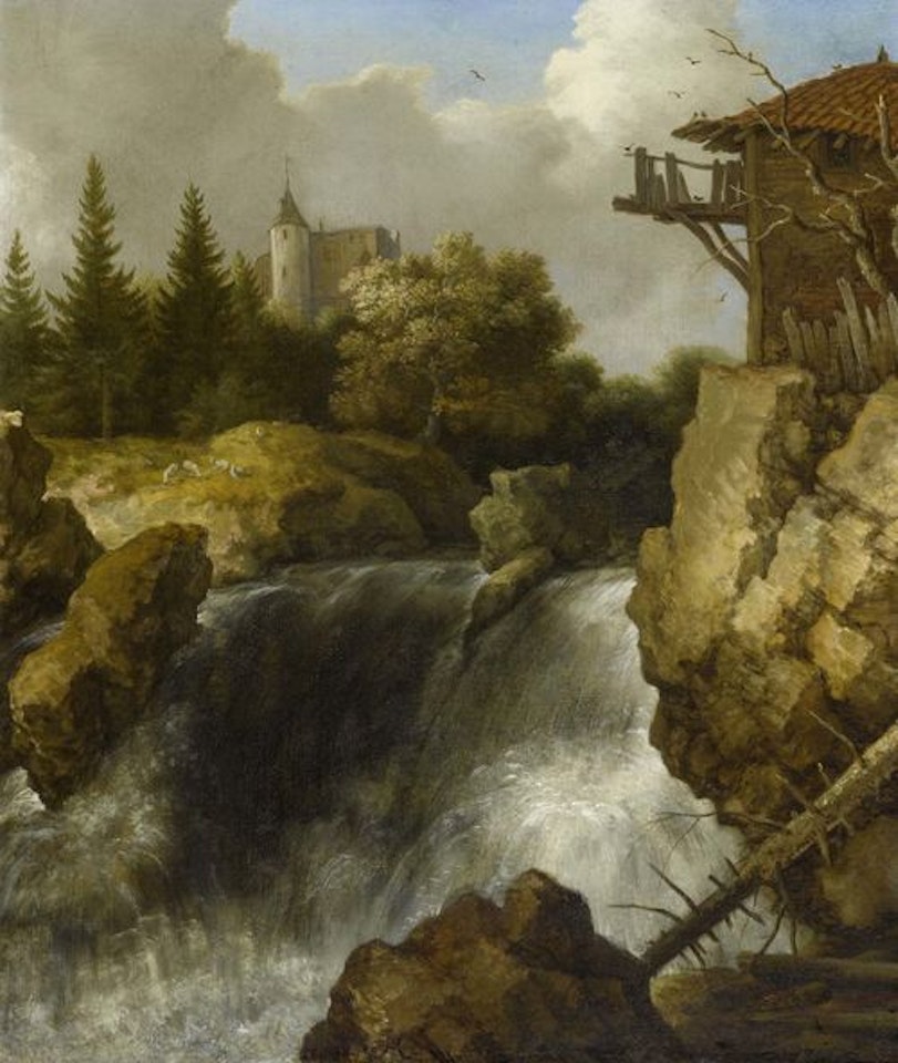 Mountain landscape with a waterfall by Allart van Everdingen