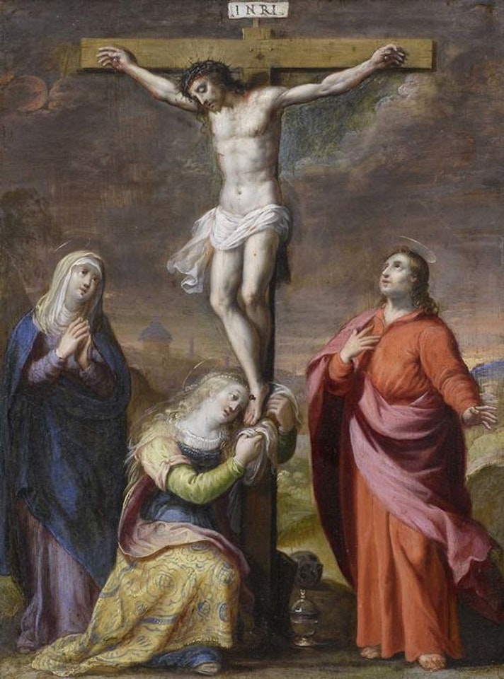Crucifixion with Mary, St. John and Mary Magdalene; Christus am Kreuz mit Maria, Johannes und Maria Magdalena by Flemish School