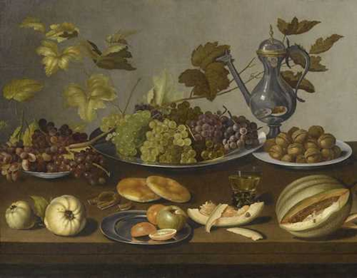 Large still life with grapes, walnut, apples, oranges, bread and melon on porcelain and tin plates on a table top by Jan Davidsz de Heem