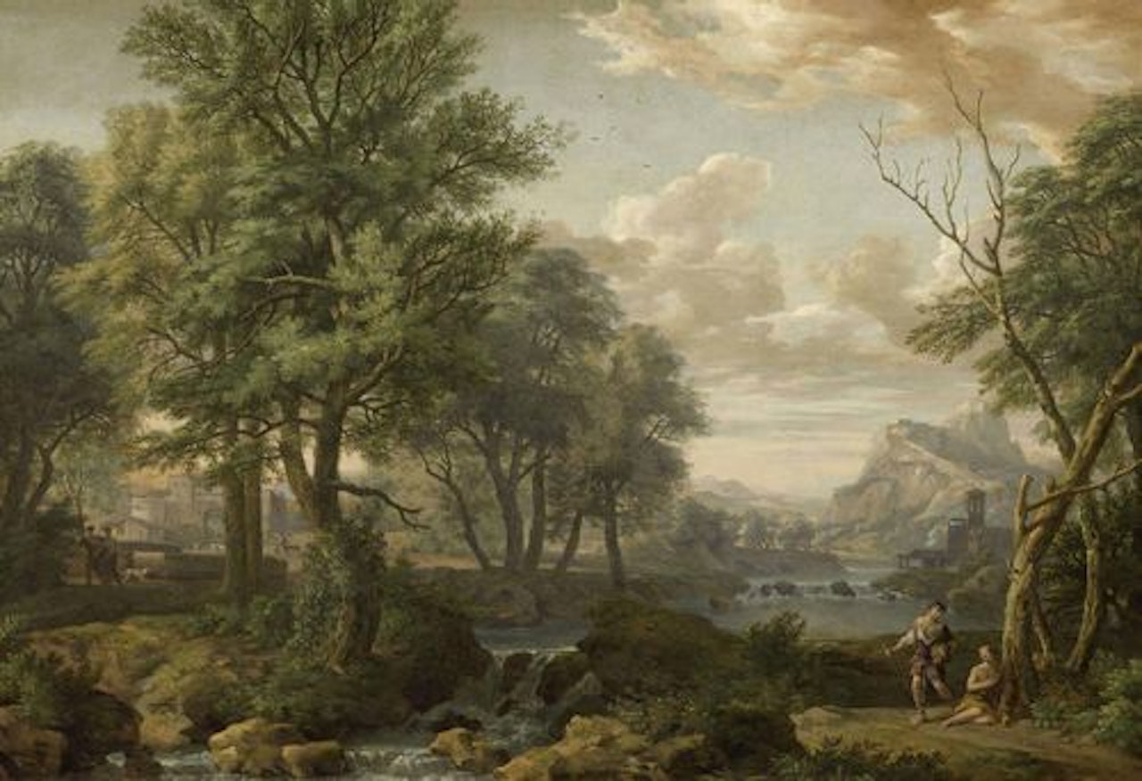 Mediterranean river landscape with figures by Isaac de Moucheron