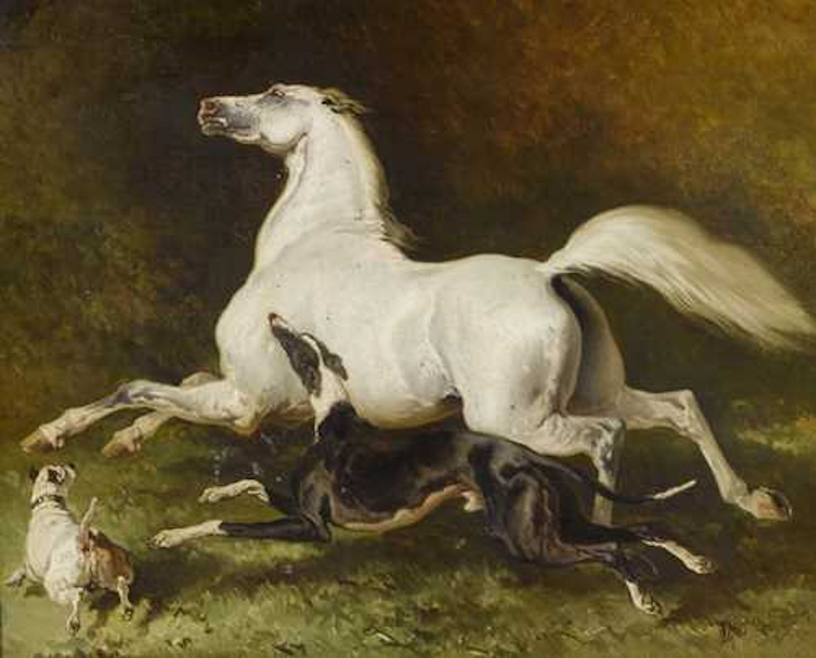 White horse galloping with two dogs by Alfred de Dreux
