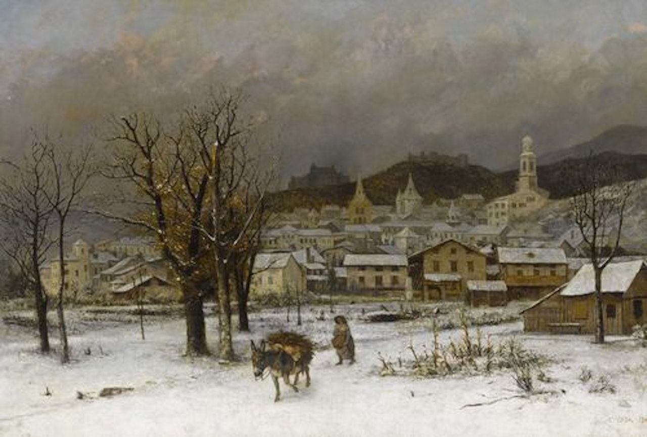 Winter landscape with view of a Swiss town in the background, possibly Fribourg. by Cherubino Pata