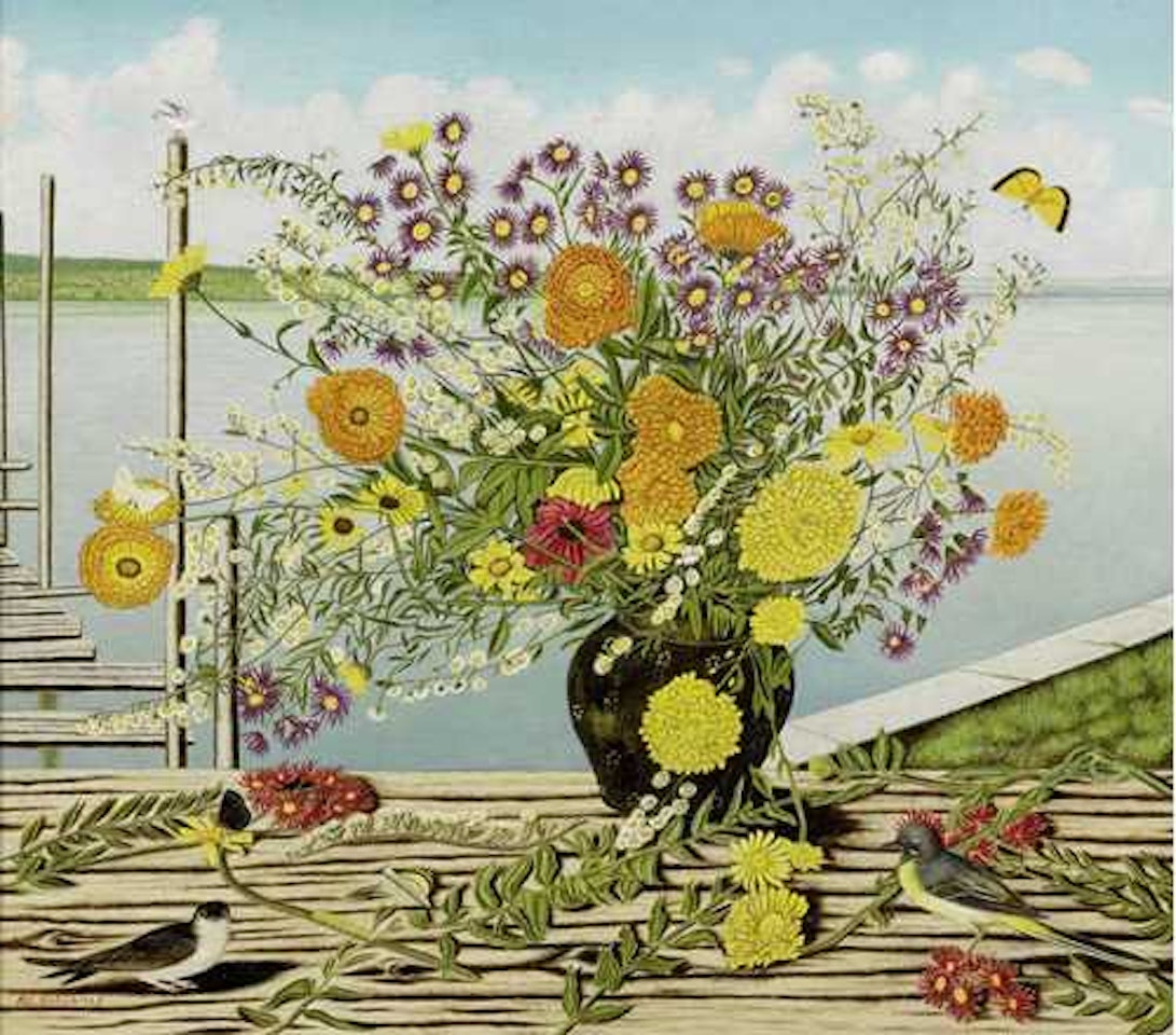 Bouquet of flowers in a black vase with two birds by Adolf Dietrich