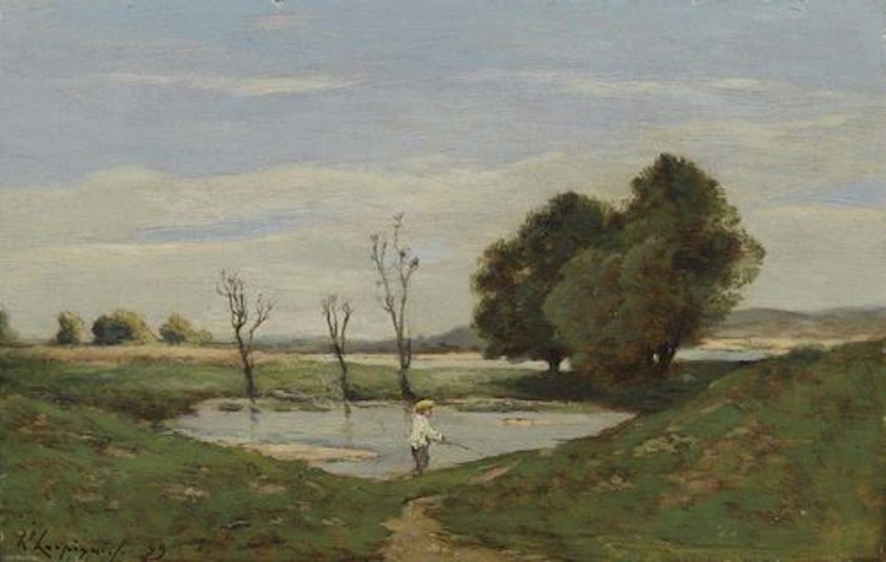 River landscape with boy fishing by Henri Harpignies