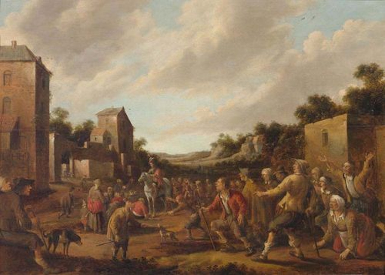 Village road with crowd of people by Joost Cornelisz Droochsloot