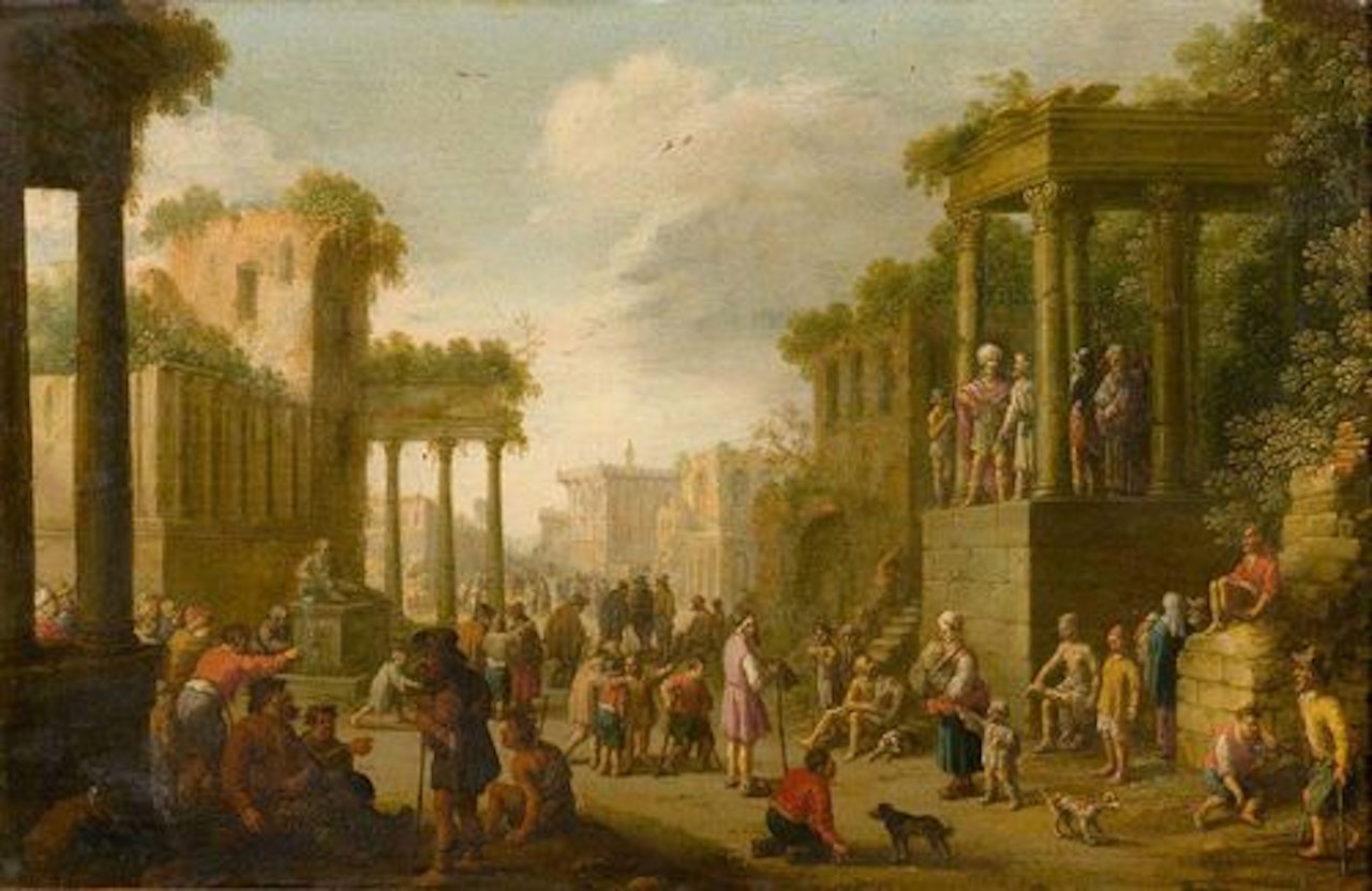 Architectural ruin with figures by Joost Cornelisz Droochsloot