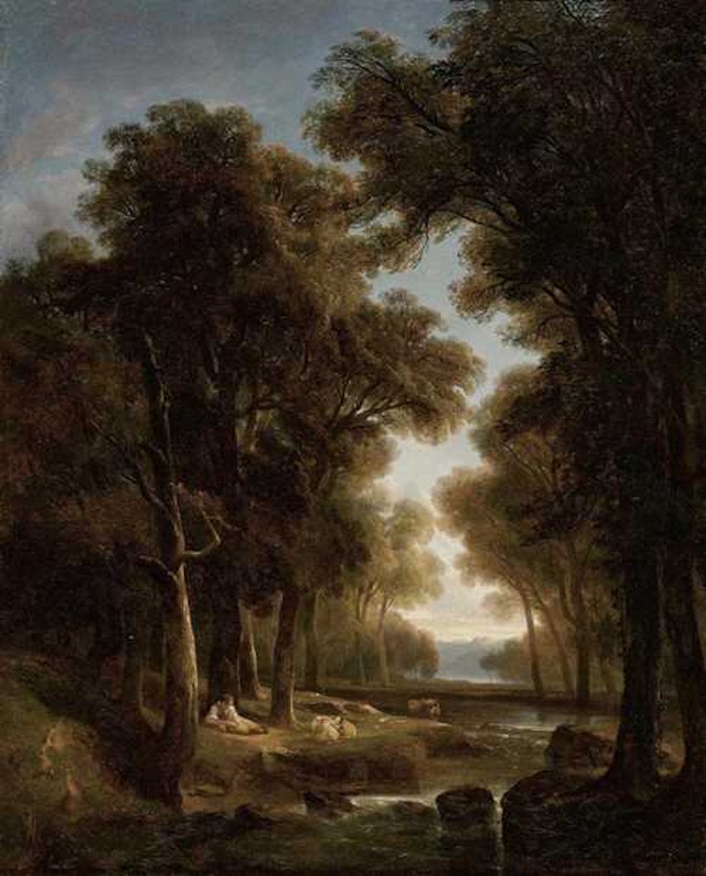 Paysage with arbres, eau, bergers et vaches by Alexandre Calame