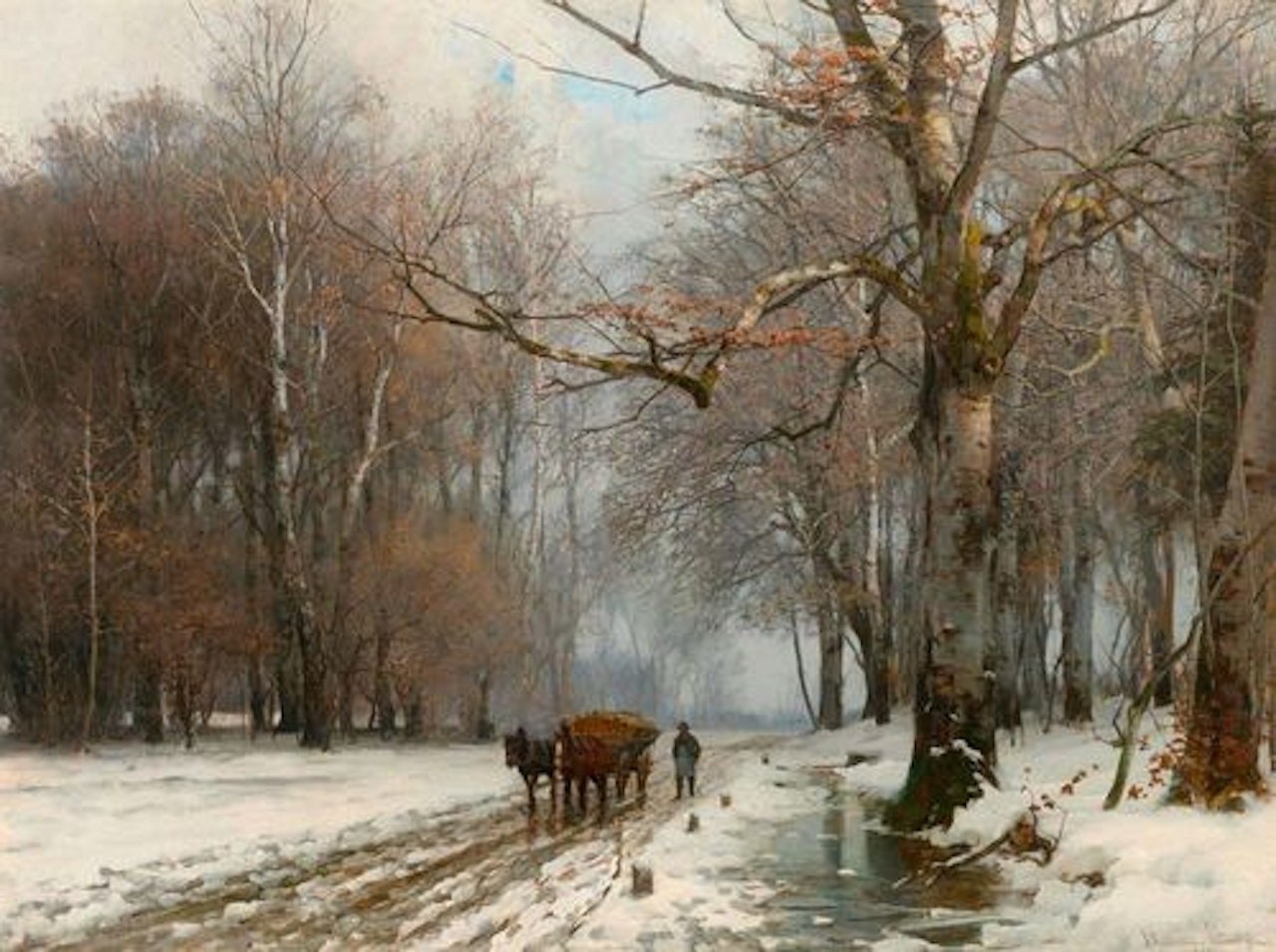 Farmer with horse and cart in a winter landscape by Anders Andersen-Lundby