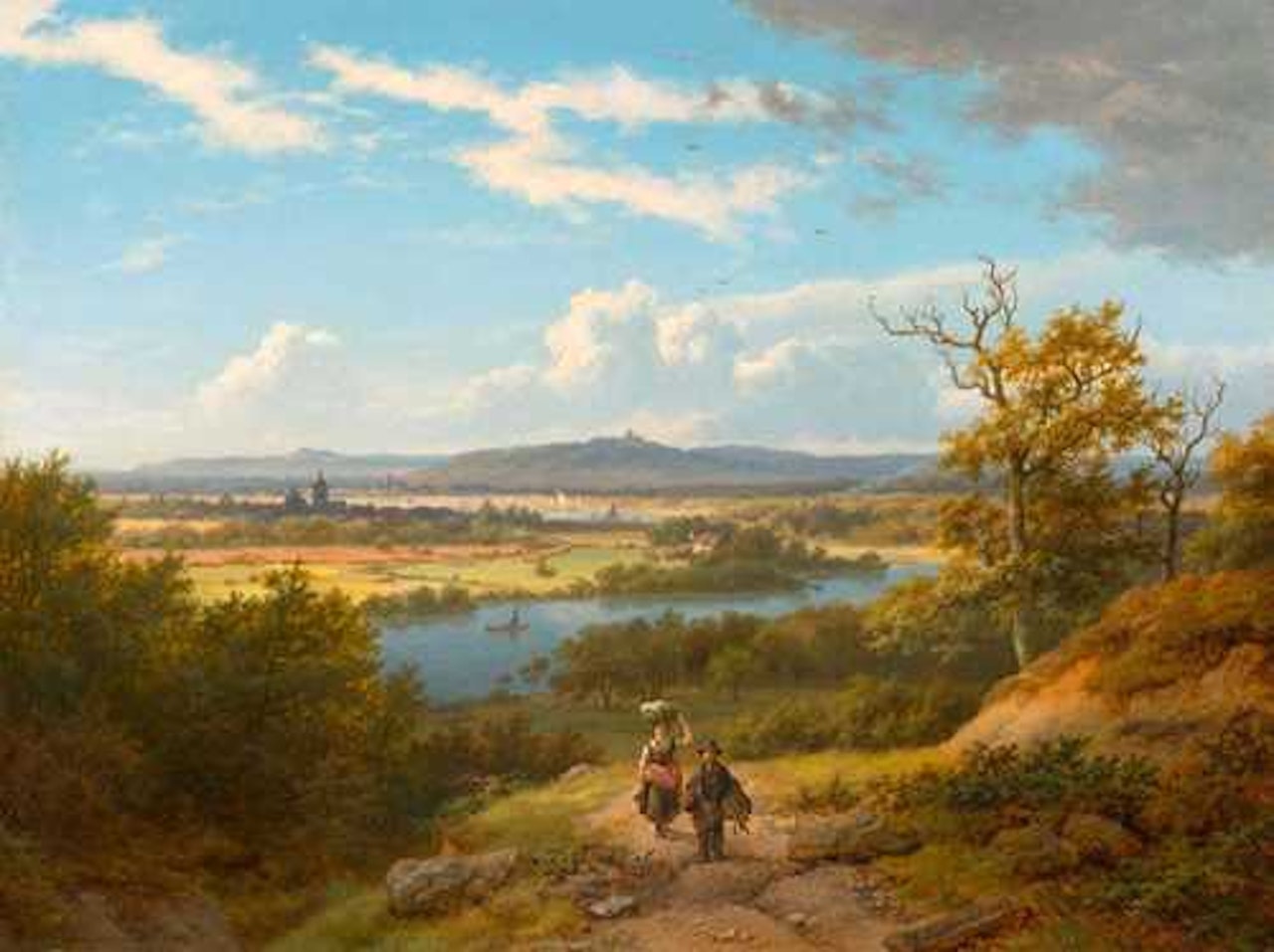 River landscape with two walkers by Barend Cornelis Koekkoek