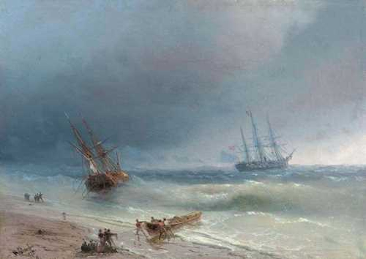 Two sailing ships and a rowing boat with sailors at the coast by Ivan Konstantinovich Aivazovsky
