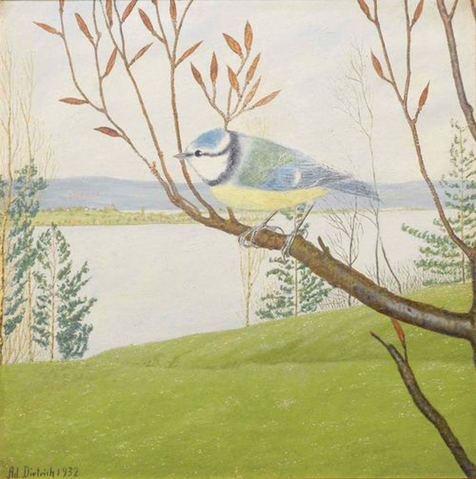 Blue tit in front of a seascape by Adolf Dietrich