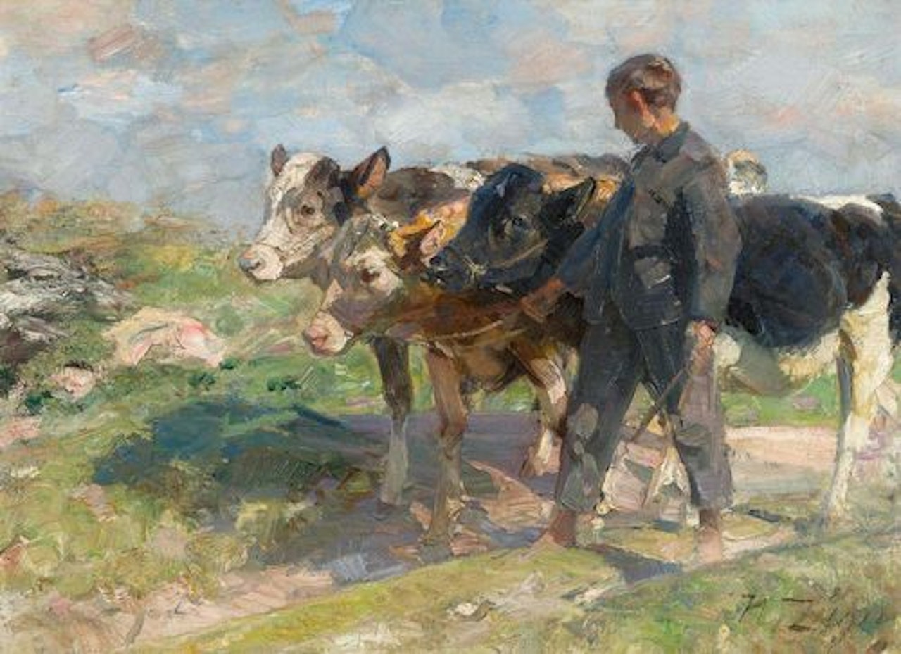 Shepherd with cows on the street by Heinrich von Zugel