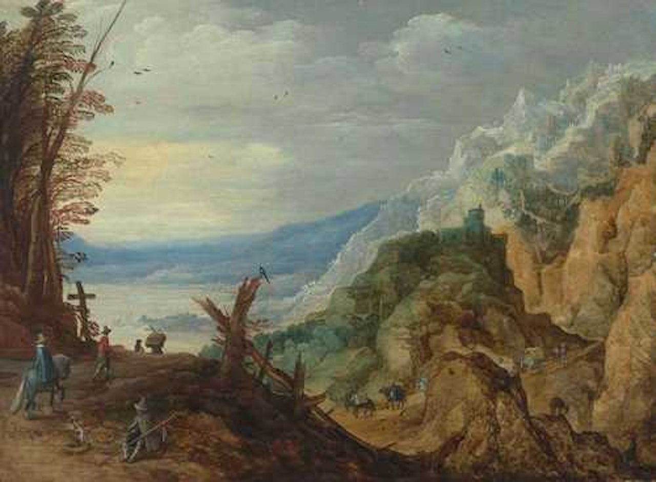 Rocky landscape with travellers by Joos de Momper the Younger