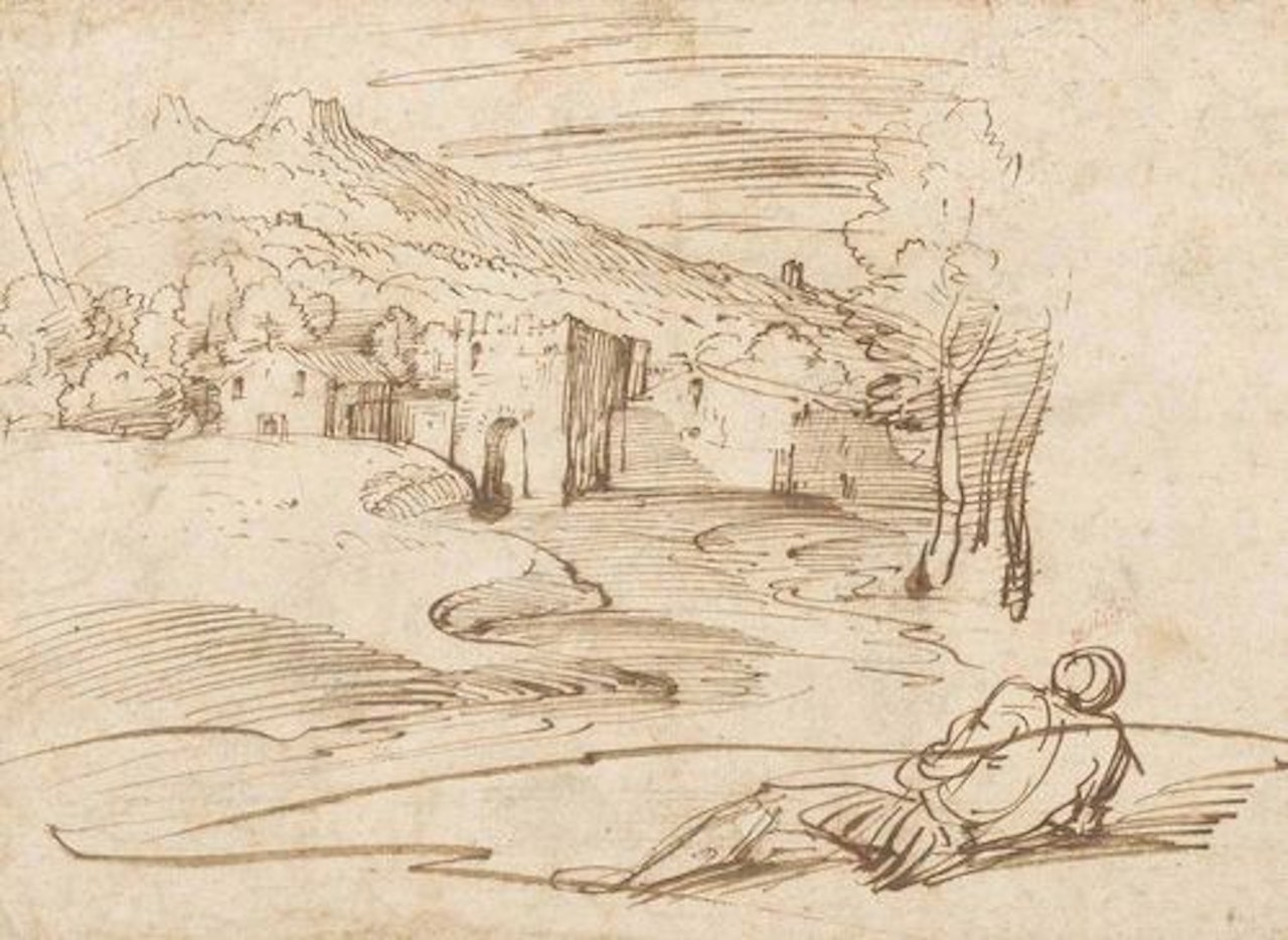 Man before a landscape with farms by Pier Francesco Mola