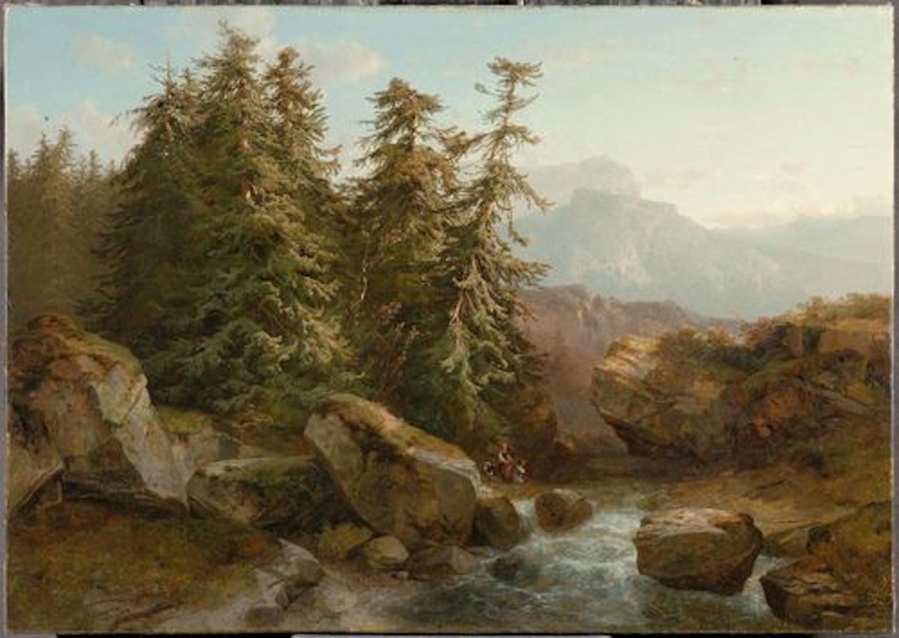 Sapins, cours d"eau, soleil couchant by Alexandre Calame