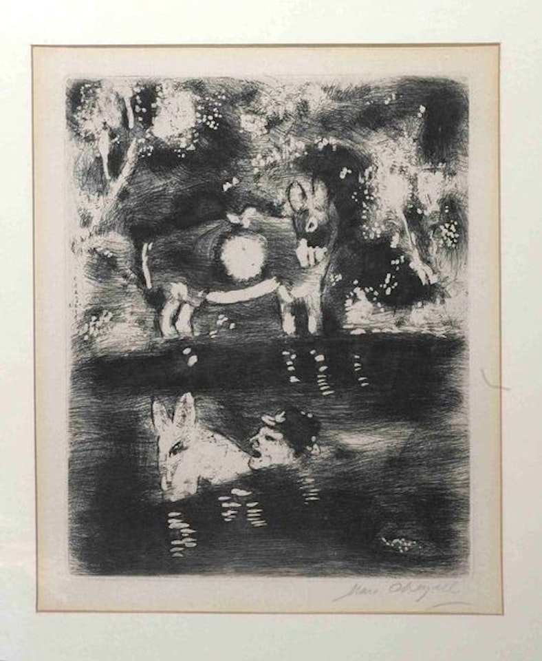 From "Fables de la Fontaine". Man and donkey in the river by Marc Chagall
