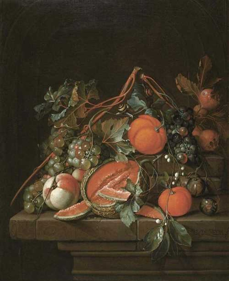 Fruit still life on a stone table by Cornelis de Heem