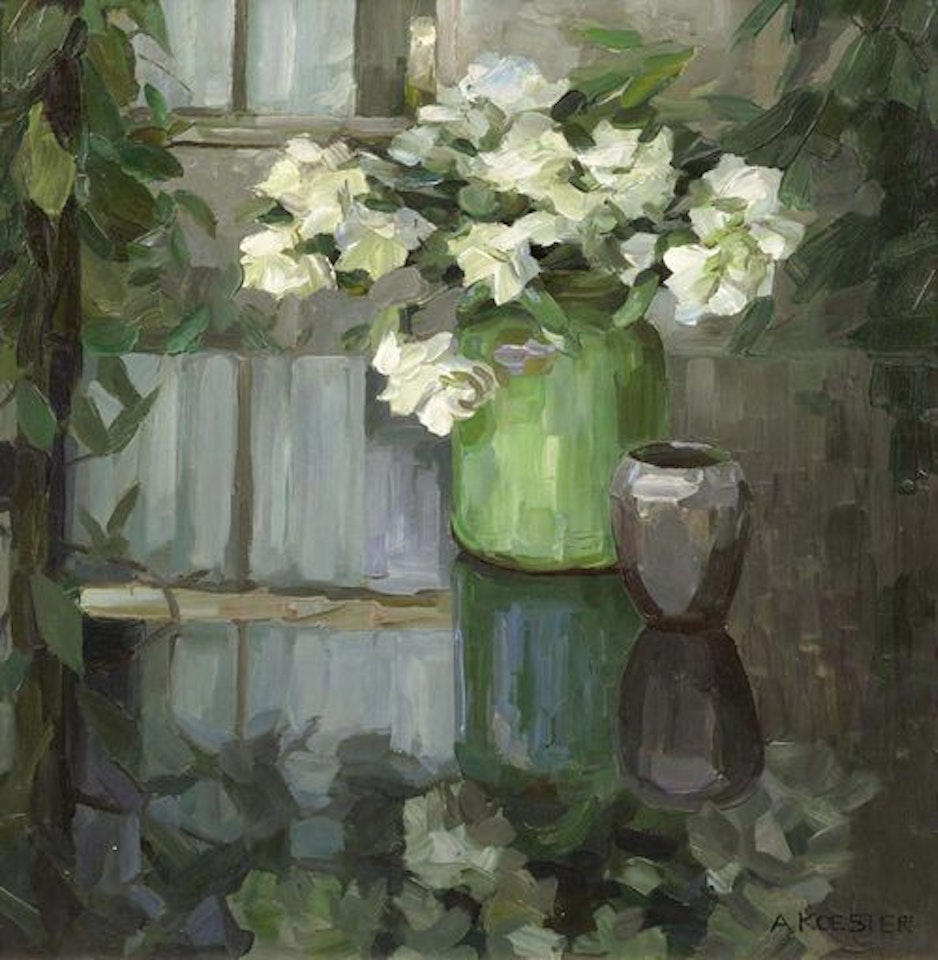 White carnations in a green vase by Alexander Koester