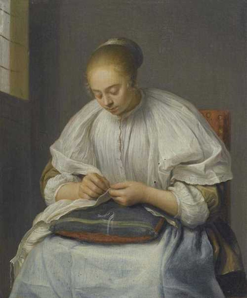 Interior with young woman sewing by Dutch School