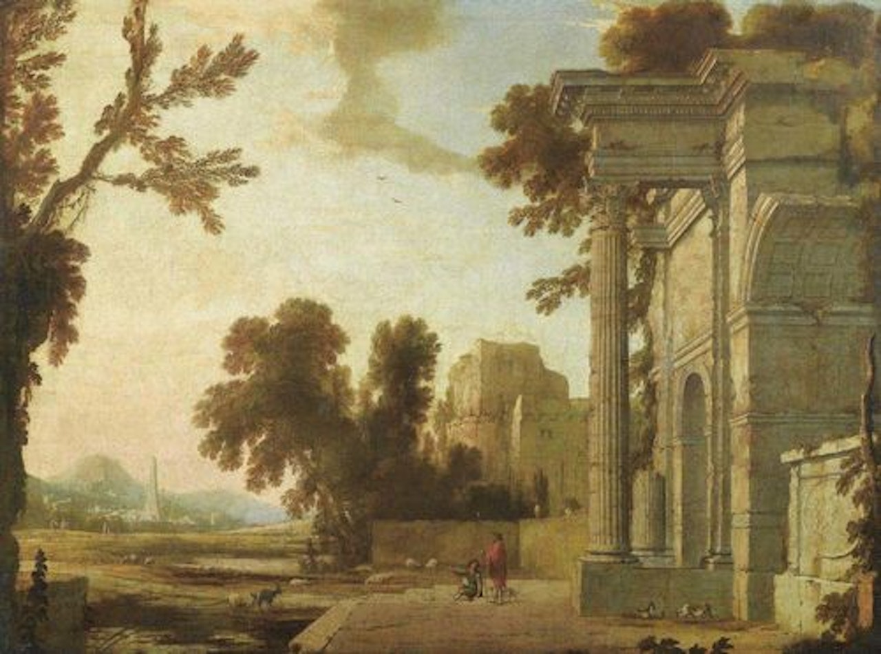 Landscape with herdsmen and herd near a ruin by Pierre Patel