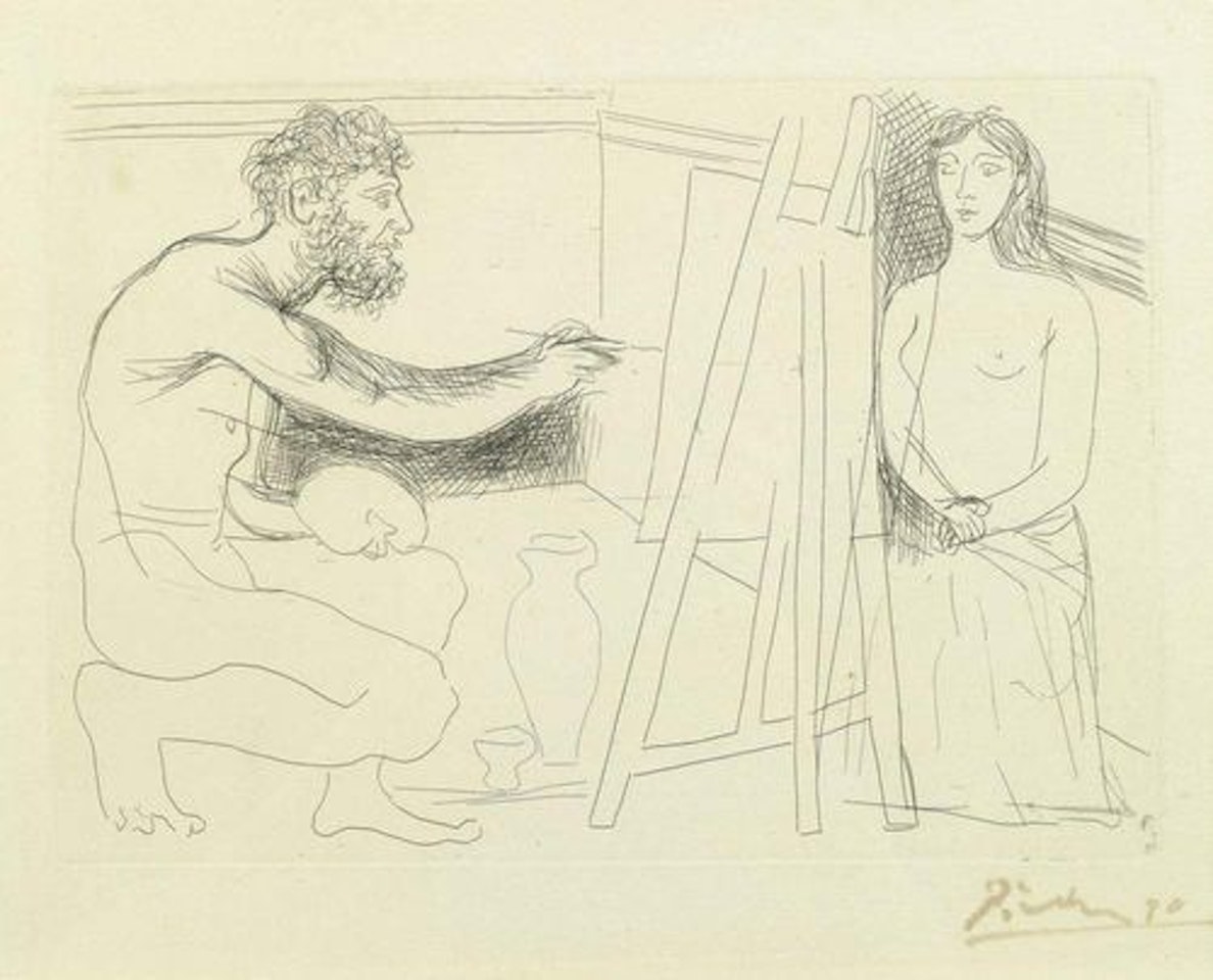 From: Le chef d"oeuvre inconnu; Painter, easel and model with naked torso by Pablo Picasso