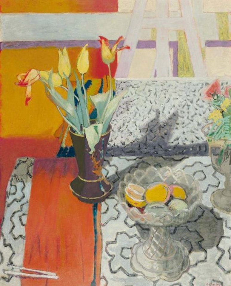 Still life with tulips in the studio by Maurice Brianchon