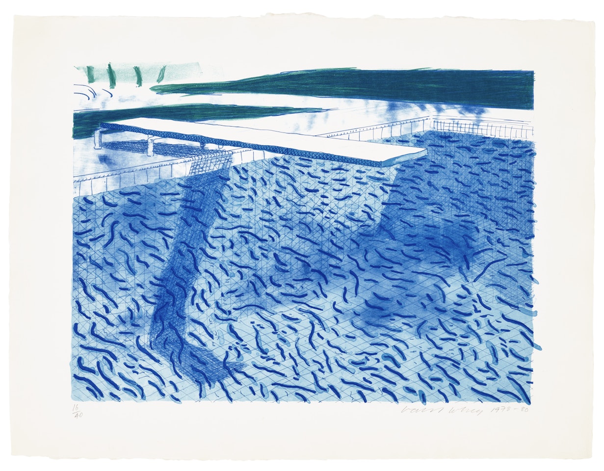 Lithograph of Water Made of Thick and Thin Lines and Two Light Blue Washes by David Hockney