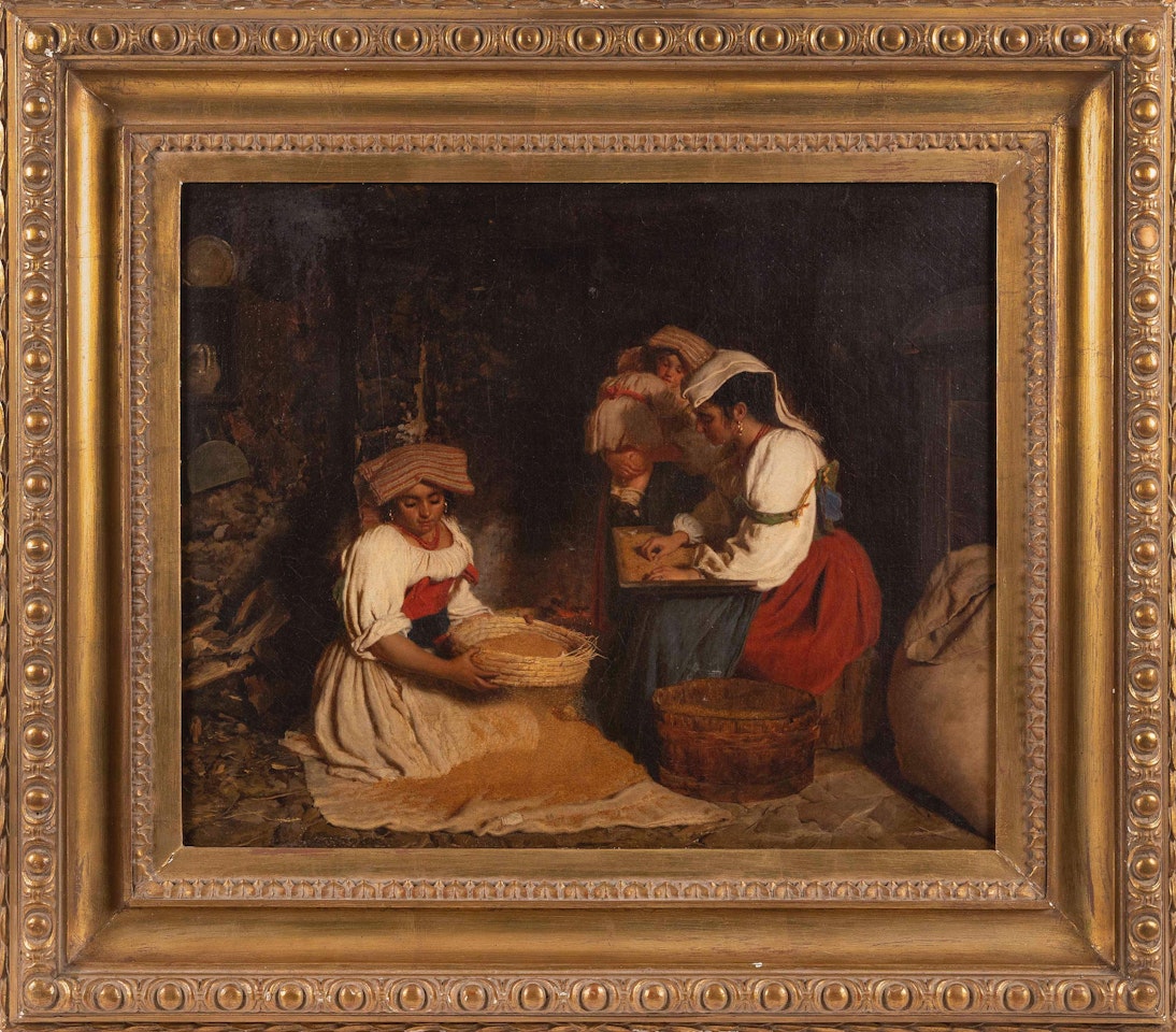 Interior scene with women separating wheat from the chaff by Italian School