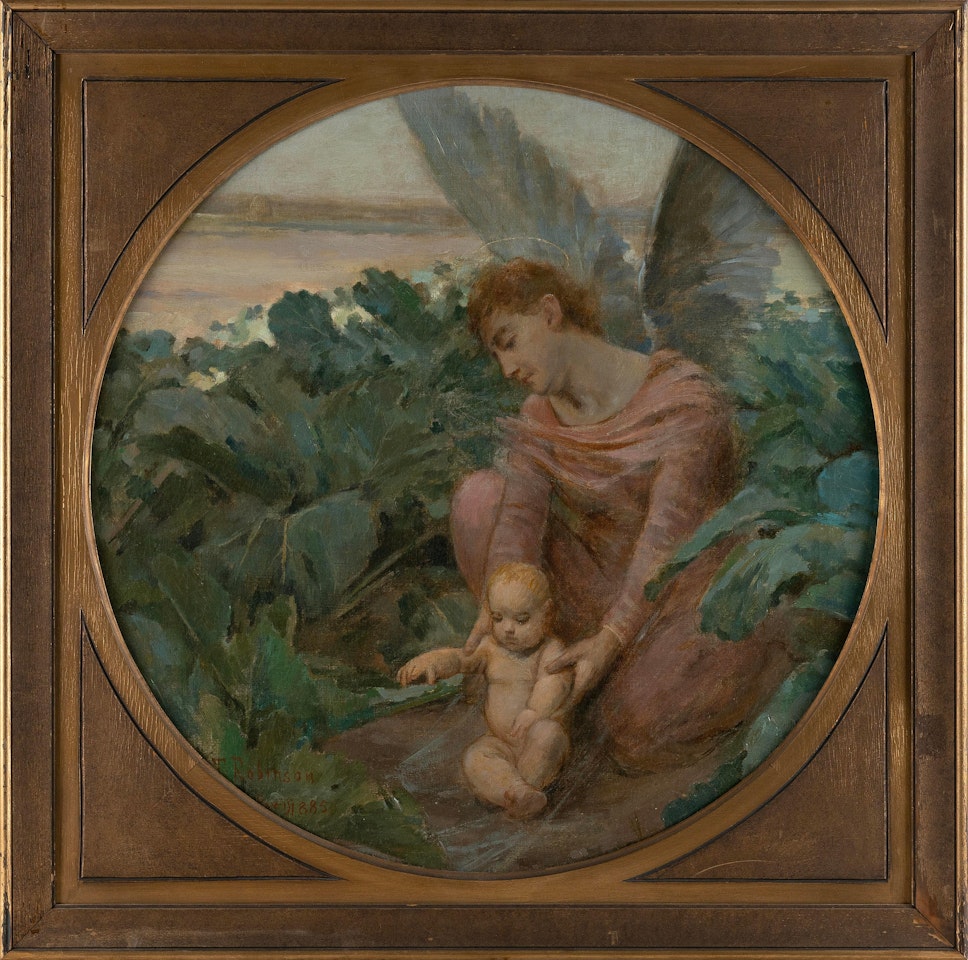 Angel and child in a garden. by Theodore Robinson