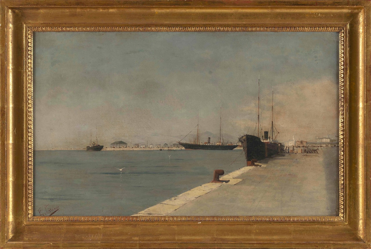 Freighters in a harbor. by Continental School