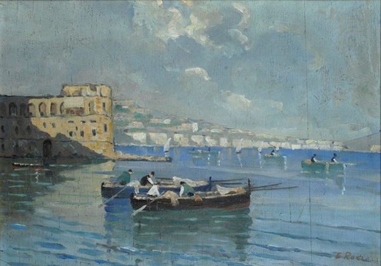 Marina with boats and fishermen by Neapolitan School