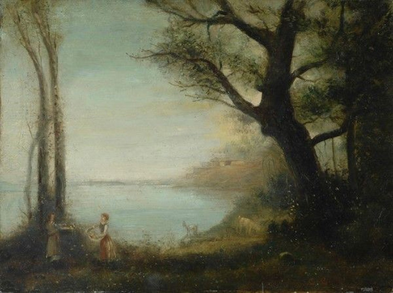 Landscape with lake and figures by French School