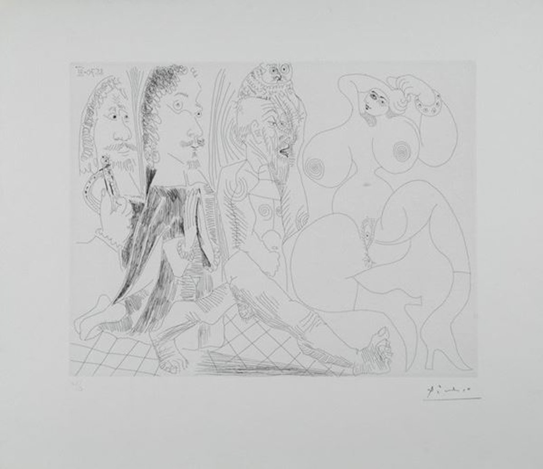 Musketeer, praying abbot, old man with owl and odalisque: jellyfish, virgin or simple woman? by Pablo Picasso