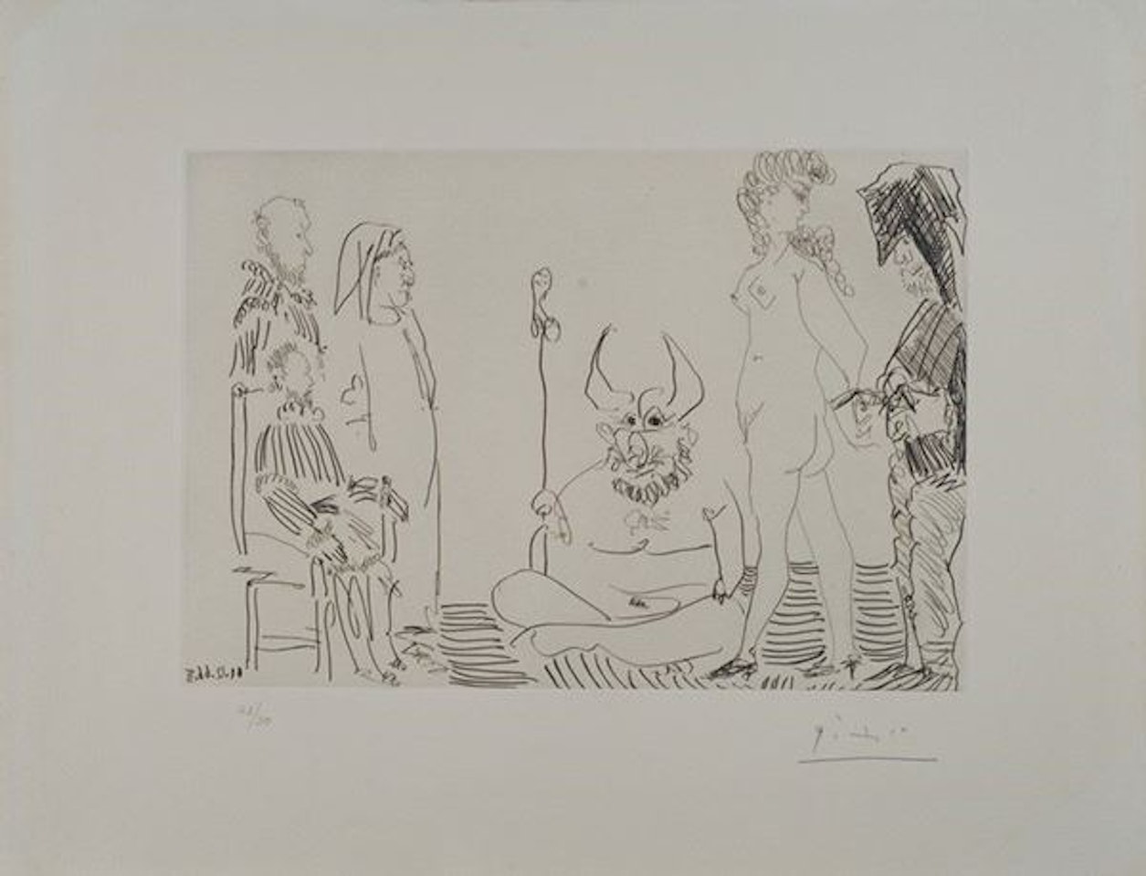 The cuckold assistant has the appearance, before the inquisition, of a naked woman chained by an executioner by Pablo Picasso