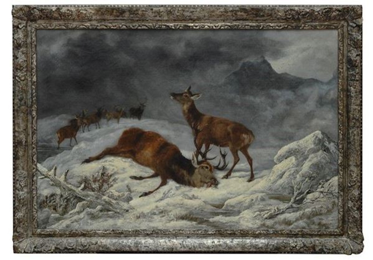 Snowy landscape with deer by English School