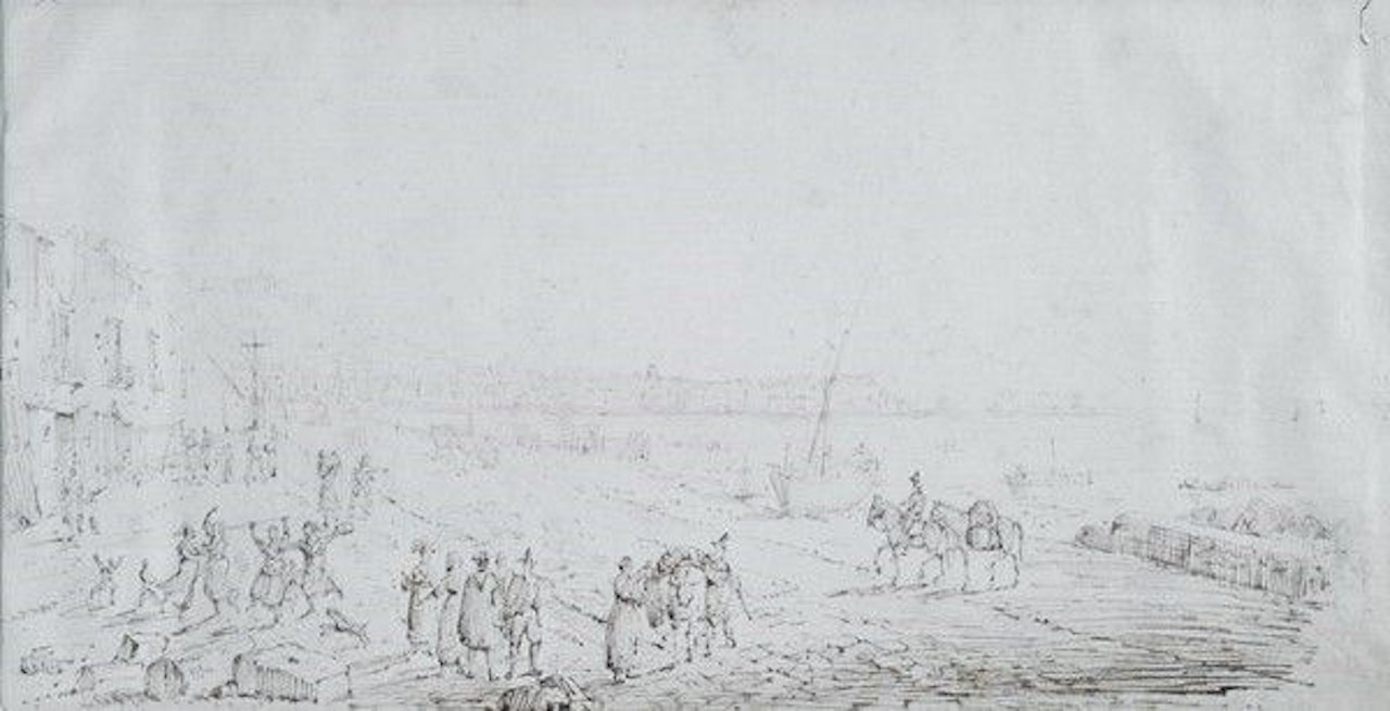 View of coastal city with figures by Neapolitan School