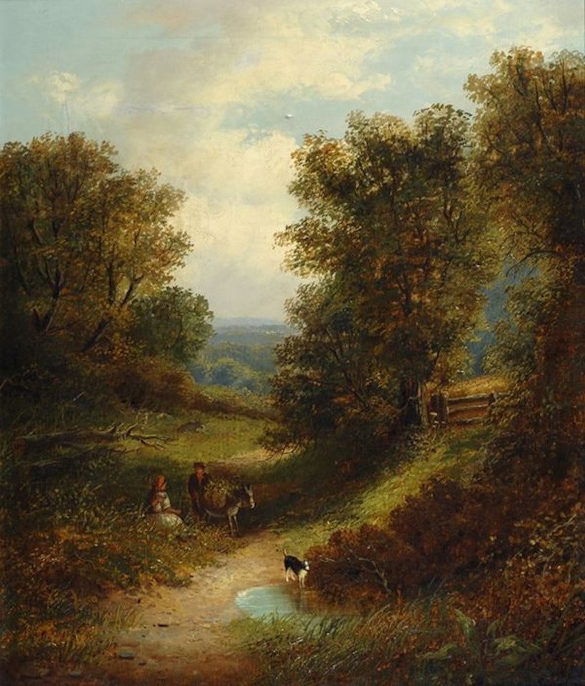 Landscape with peasants by English School