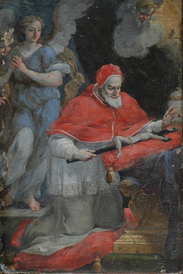 Saint Pius V prays before the crucifix by Roman School