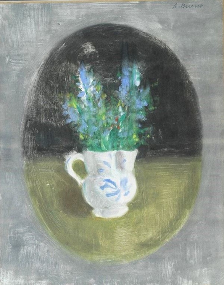 Carafe with flowers in oval by Antonio Bueno