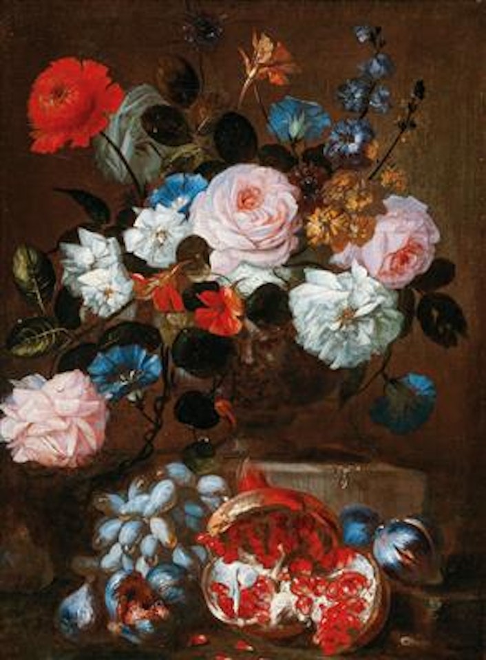 Flowers in a vase with grapes and a pomegranate by Franz Werner von Tamm