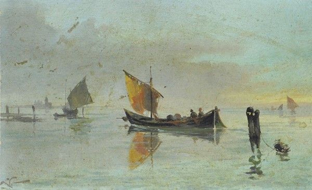 Sunrise in the lagoon by Venetian School