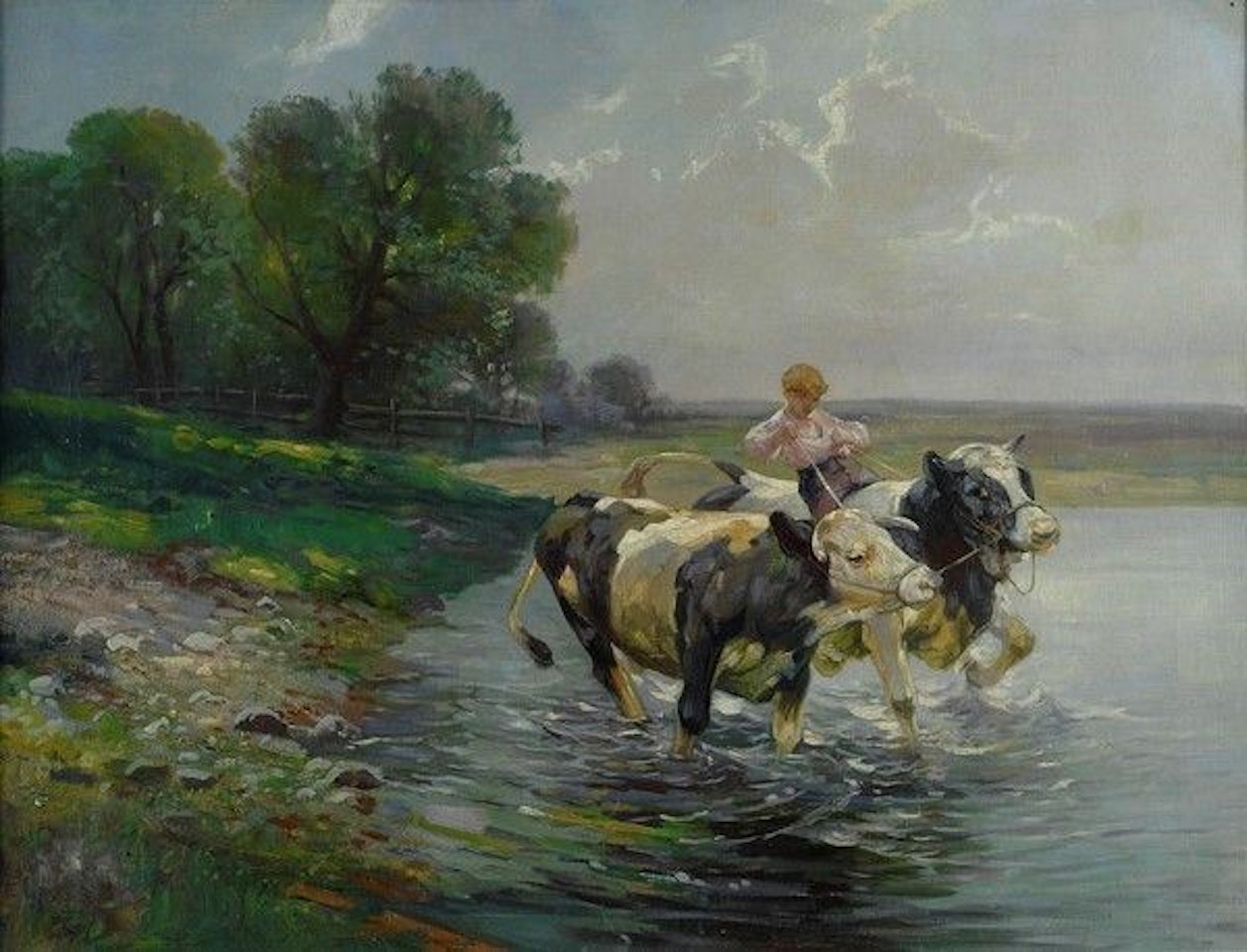 Oxen at the ford by Heinrich von Zugel